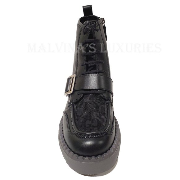 GUCCI BOOTS MENS GG LOGO CANVAS BLACK LEATHER LACE UP ANKLE sz 8 8.5 US - Picture 9 of 16